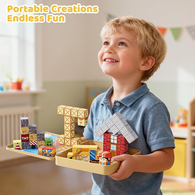49PCS Magnetic Blocks with Iron Storage Box, Magnetic Cubes Tiles, STEM Educational Stacking Magnets Travel Toys for Kid Ages 3 4 5 6 7 8 9 10 11 Birthday Party Supplies Gifts for Boys Girls