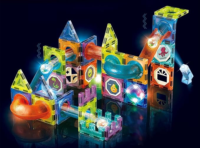 UNIQUE KIDS Magnetic Tiles Building Blocks with Light-Up Marble Run & LED Ball - STEM STEAM Toys for Kids Ages 3-10+ Boys Girls Birthday Gift (110 PCS)