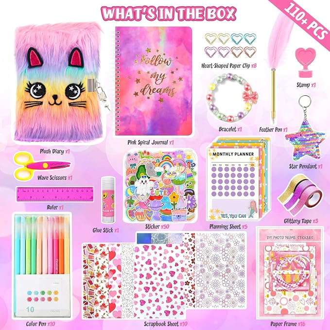 2-Pack DIY Journal Kit for Girls Ages 8-12 13 14 Year Olds, Birthday Gifts for Teen Girls, 110pcs Cute Scrapbook Supplies Stationary, Journaling Art Crafts Trendy Stuff for Kids, Cat Diary with Lock