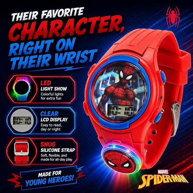 Marvel Spider-Man Kids Watches – Digital Display, Interactive Features, Adjustable Strap, Vibrant Spider-Man Graphics, Durable for Active Kids