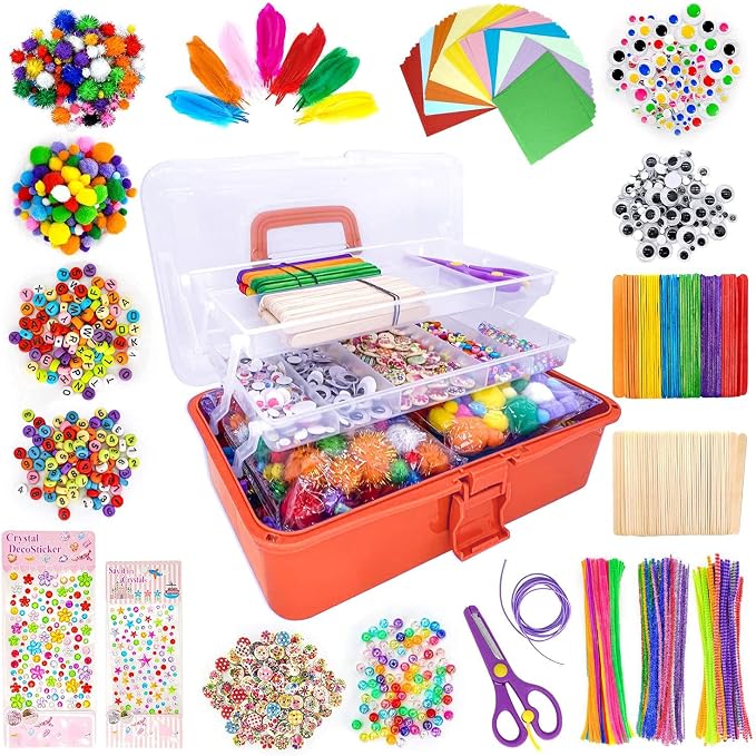 kortes Jumbo Art and Craft Supplies for Boys and Girls, Toddler DIY Craft Art Supply Set Included Pipe Cleaners, Pom Poms, Feather, Folding Storage Box - All in One for Craft DIY Art Supplies(Orange)