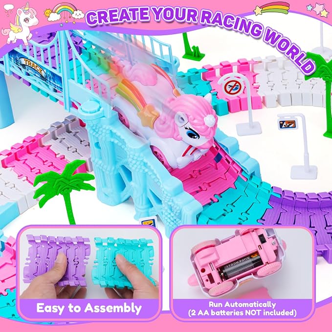 Race Track Toys for 3 4 5 Year Old Girls Gifts: Unicorn & Shark 194PCS Flexible Racetrack for Kids Ages 4-8 | Monster Truck Car Toys for Toddlers 3-6 | Magic Tracks Toddler Girls Toys Age 6-8