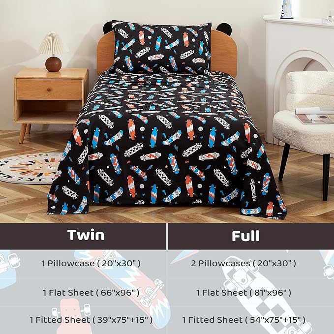 Viviland 3 Pieces Boys Black Twin Sheet Set - Soft Microfiber Fitted Flat Sheets & Pillowcase Bed Sheet Set - Cool Skateboard Bedding Sets for Kids