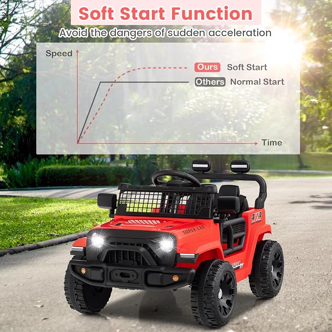 OLAKIDS 12V Ride On Truck, Battery Powered Electric Vehicle for Kids with Remote Control, Foldable Reflective Mirror, Spring Suspension, Music, LED Lights, Ride on Toy for 3+ Boys Girls (Red)
