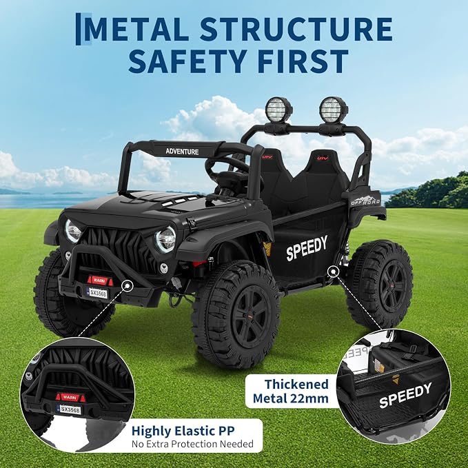 Powerful 24V Ride on Car for Kids, Ride on Truck with Remote Control - 4WD Electric Car, 2 Seater UTV, Spring Suspension, Front & Behind LED Lights, Dual Storage, 3 Speeds, Music,