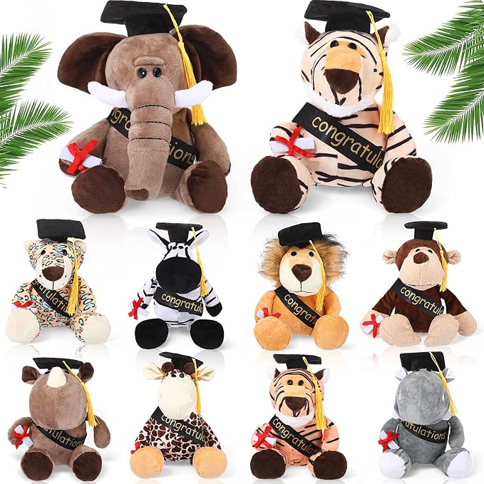HyDren 10 Pieces 9 Inches Graduation Safari Stuffed Animals Set Plush Safari Stuffed Animal Elephant Giraffe Lion Tiger Monkey Rhinoceros Zebra Leopard Hippo for 2026 Graduation Party Favors Gifts
