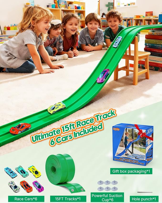 Flex Track 15 Ft Flex Race Car Track with 6 Toy Cars, Portable DIY Racetrack Compatible Diecast 1/64th Cars for Ages 3 Up with Suction Cups, Birthday Gifts for Boys(Green)