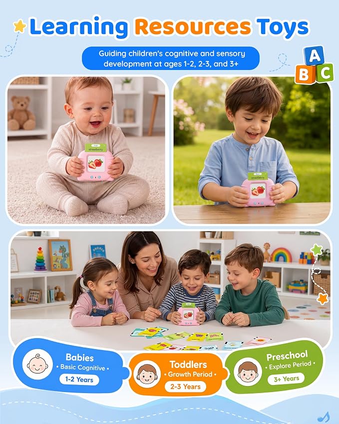 Aullsaty Talking Flash Cards for Toddlers Ages 1-3, 224 Words Montessori Speech Therapy Toys, Autism Sensory Toy, Educational Learning Speech Therapy Birthday Gifts for Boys Girls (Pink)