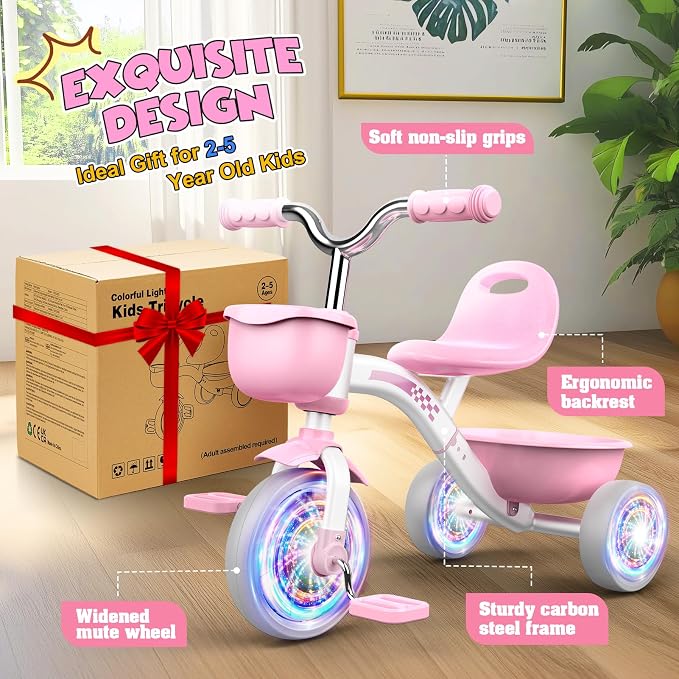 Kkdi Toddler Tricycle for 1-3 3-5 Year Olds, 2 3 4 5 Year Old Girl Birthday Gifts, Pink Toddler Baby Bike, 4-Level Adjustable Seat, 3 Color Light Wheels, 2 Baskets, Outdoor Riding Toys for Ages 2-4