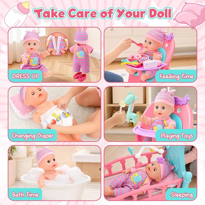 deAO 12” Baby Doll Play Set with Crib, Mobile, High Chair Feeding Accessories, Interactive Dolls for Girls Kids Pretend Play Baby Dolls 21 PCS