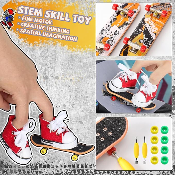 Fingerboard Skate Park Ramp Kit, Finger Skateboards Toys with Skates Sports Shorts Tool Kit, Mini Fingerskateboards Training Props Interactive Freestyle Skate Game for Kids Adults