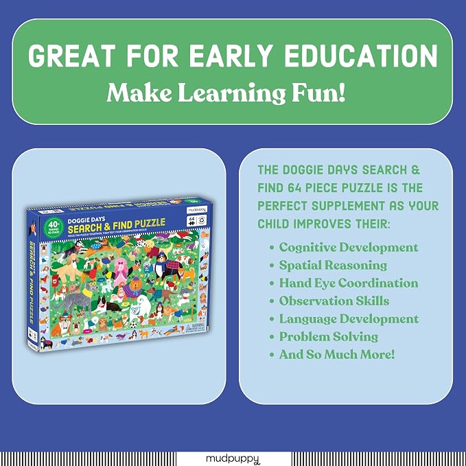 Mudpuppy Doggie Days — 64 Piece Search & Find Puzzle Jigsaw Puzzle Featuring A Variety of Dogs and Puppies and Over 40 Hidden Images to Find for Ages 4+
