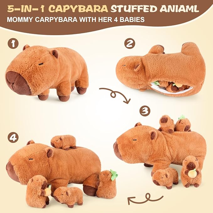 SuzziPals 5-in-1 Capybara Stuffed Animals with Babies Inside, 5Pcs Set Capybara Plush with Mommy & 4 Babies, Soft Pillow Plushies Decor, Cute 3 to 8 Year Old Girl Gift, Imaginative Play Toy (Capibara)