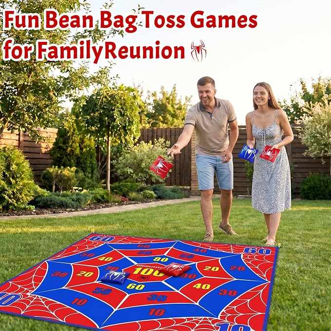 2-in-1 Giant Tic Tac Toe Game Bean Bag Toss Outdoor Games, 4.5FT Spider Tic Tac Toe Game with 10 Pcs Bean Bags, Outside Games for Adults and Family Lawn Yard Carnival Field Day Camping Party
