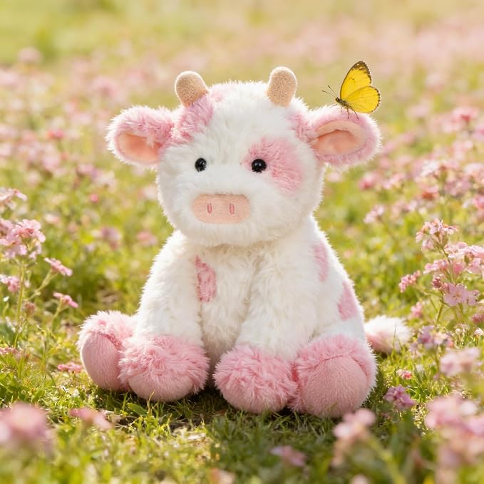 Hopearl Adorable Plush Cow Toy Floppy Dairy Cattle Soft Kawaii Stuffed Animal Cute Birthday Holiday Gift for Boys Girls Kids Toddlers, Pink, 9''