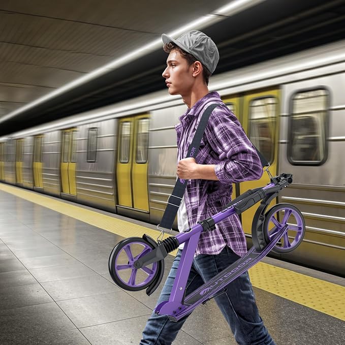 Outdoor Cruiser Kick Scooter for Ages 6+, for Kids, Teens, and Adults, Max Load 250 LBS, Foldable, 8-inch Big Wheels, Dual Suspension, 3 Adjustable Levels, Child Safety Approved, Purple