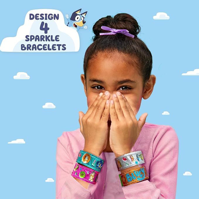 Bluey Sparkle Bracelet Making Kit, 4 Reversible Bracelets with Easy Closure, 100+ Traditional and Puffy Resin Stickers, DIY Bluey Jewelry, Arts and Crafts for Kids Age 8-12, Toddler Gifts