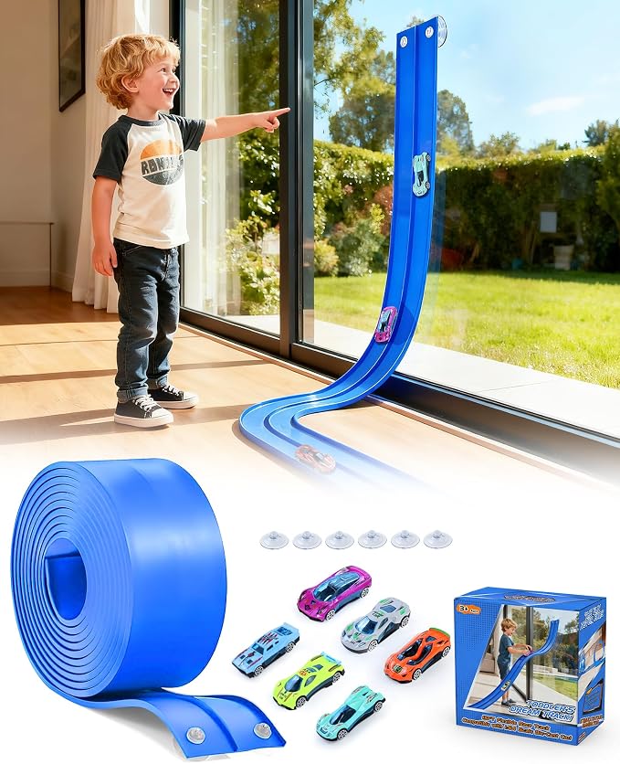 15 Ft Flexible Car Tracks for Kids Age 3 Up, Race Track with 6 Toy Cars, Flex Track Compatible Diecast 1/64 Cars with Suction Cups, Birthday for Boys (Blue)