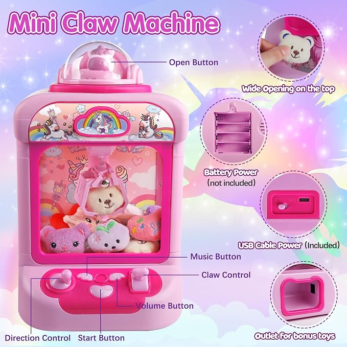 TingingYuli Mini Claw Machine for Kids - Unicorn Candy Grabber Vending Machine Toy with 20 Plush Prizes, Arcade Prize Dispenser Game, Girl Toys Age 3-8, Christmas Birthday Easter Gift