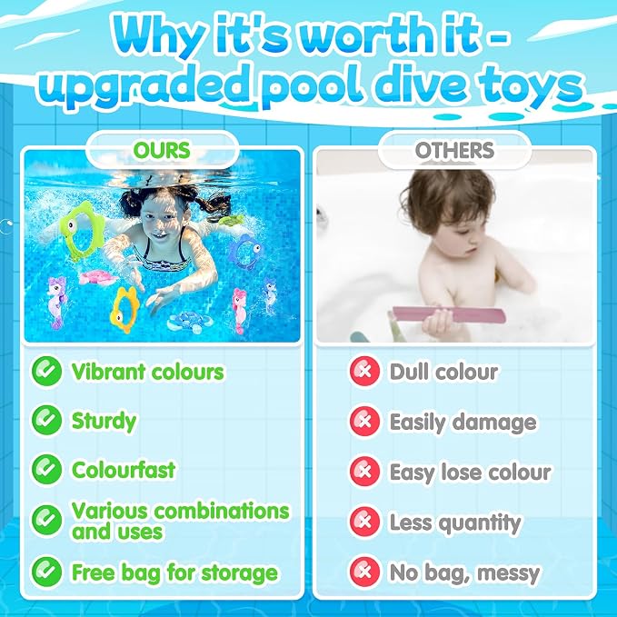 WeeHomm Pool Diving Toys for Kids, 14 PCS Swimming Pool Diving Rings, Summer Dive Sticks with Float Toys for Kids 4-8 8-12, Sea Animals Sinking Games for Teens, with Seahorse/Fish/Turtles/Ducks