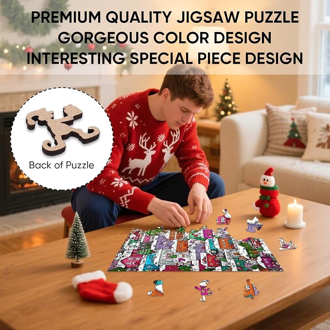 Ixfyloop Christmas Village Wooden Puzzles for Adults, Snowman Building Unique Shaped Jigsaw Puzzles 497 Pieces, Winter Challenging Puzzle Perfect for Family Games Lovers 13.6x18 Inch