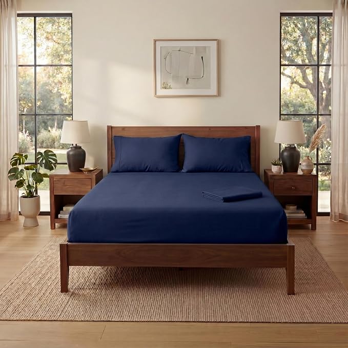 Full XL Size Sheets Set, 4-Piece Premium Egyptian Long-Staple 100% Cotton Bedding Set, Single-Ply Luxury Sateen Weave Hotel Quality Sheets, Soft & Breathable, 15” Deep Pockets, Navy Blue