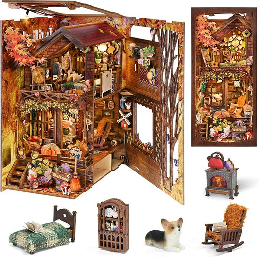 TOYQI Book Nook Kit, Book Nook Kits for Adults | DIY Miniature Dollhouse Kit 3D Wooden Puzzle Booknook Bookend with LED Light