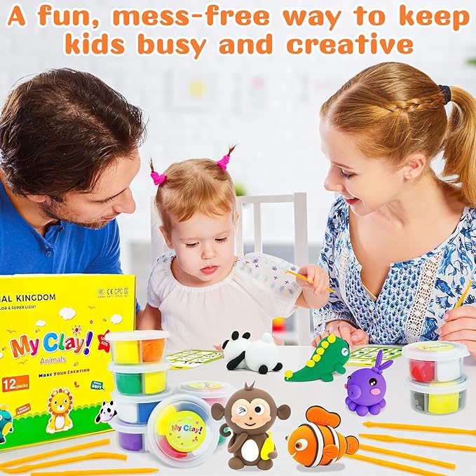 LanMa Air Dry Clay Kit for Kids, 12 Pack Animal Air-Dry Art Kits with Ultra Light & Soft Modeling Clay, Instructions, Sculpting Tools, Christmas Birthday Gifts for Boys Girls