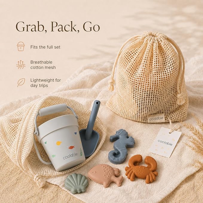 6-Piece Silicone Beach Toys Set for Kids - Foldable Sand Bucket, Shovel, 4 Sand Molds and Mesh Bag - Sea Creatures