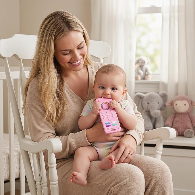SOLIFEGOBLE Silicone TV Remote Teething Toy, BPA-Free Food Grade Teether for Babies 6-24 Months, Soft Chew Toy with Textured Buttons, Teething Relief & Sensory Play (Pink)