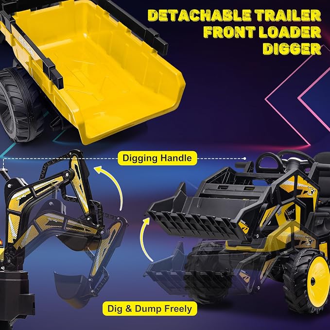 3 in 1 Ride on Tractor, 24V Ride on Toy for Big Kids, Excavator Bulldozer - Battery-Powered Electric Vehicle w/Trailer, Digger, Remote Control, LED Lights, Music, USB, Battery Powered, Yellow