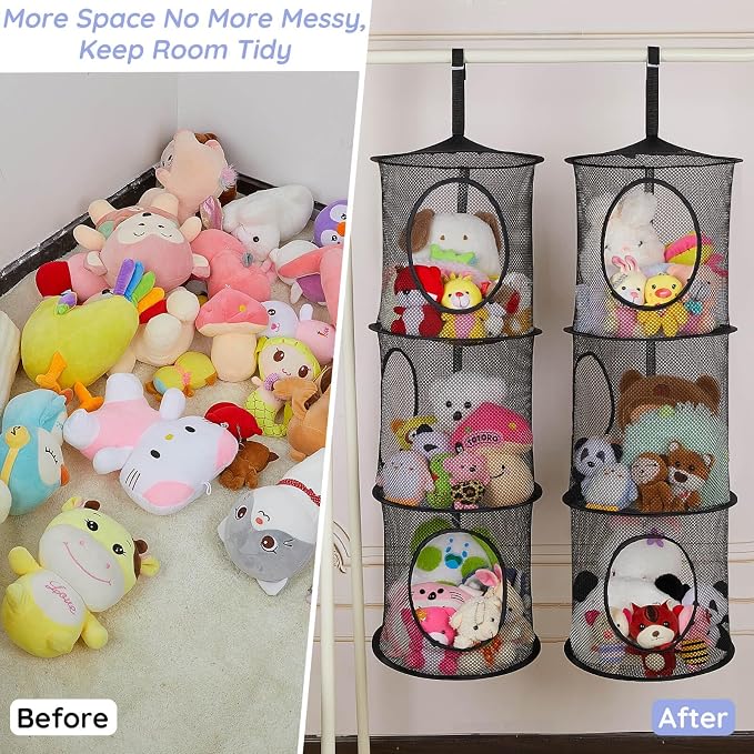 Basumee Stuffed Animals Net or Hammock 2 Pcs Stuffed Animals Storage Toy Net Hammock for Plushies Storage Organizer Mesh Kids Girls Room Decor, Black, 3 Tiers