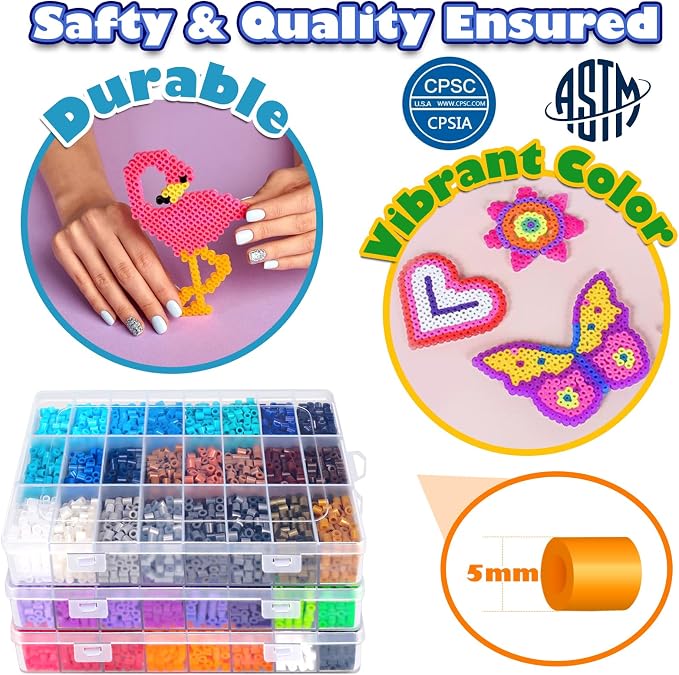 FUNZBO 15000+ 5mm Fuse Beads Kit - 72 Colors | 66 Patterns, Arts and Crafts for Kids, Art Decorations for Room, Birthday Toys Gifts for Girls, Boys and Teens Age 5+ Years Old