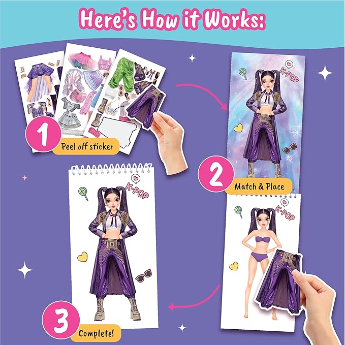 BSCOOL Sticker Dress up K-Pop - Sticker Activity Book for Kids, Learn Girls Fashion Design with Stickers and Guides for Kids 5 and Up, K-Pop Singer Performance, Gift for Girls