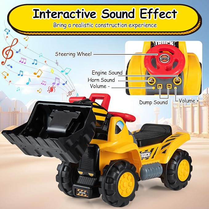 Costzon 3-in-1 Ride on Excavator Bulldozer, Kids Foot-to-Floor Push Car with Engine Sound & Under Seat Storage, Sit & Scoot Sliding Toy Construction Vehicle with Helmet & Vest for Aged 2+