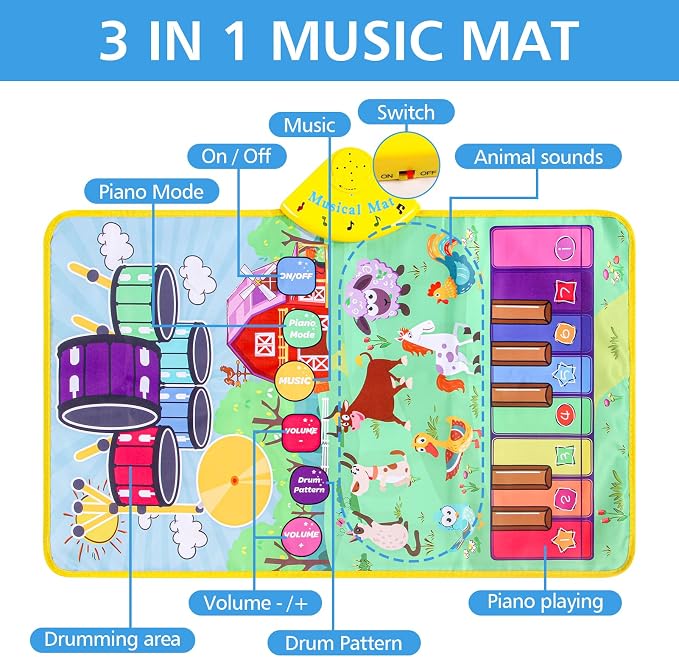 Musical Farm Animals Sounds Piano Mat for Kids, Educational Learning Toy | Sensory Interactive Floor Touch Play Mat with Drumset Dancing Keyboard Carpet for 3-12 Year Old Boy Girl Gifts