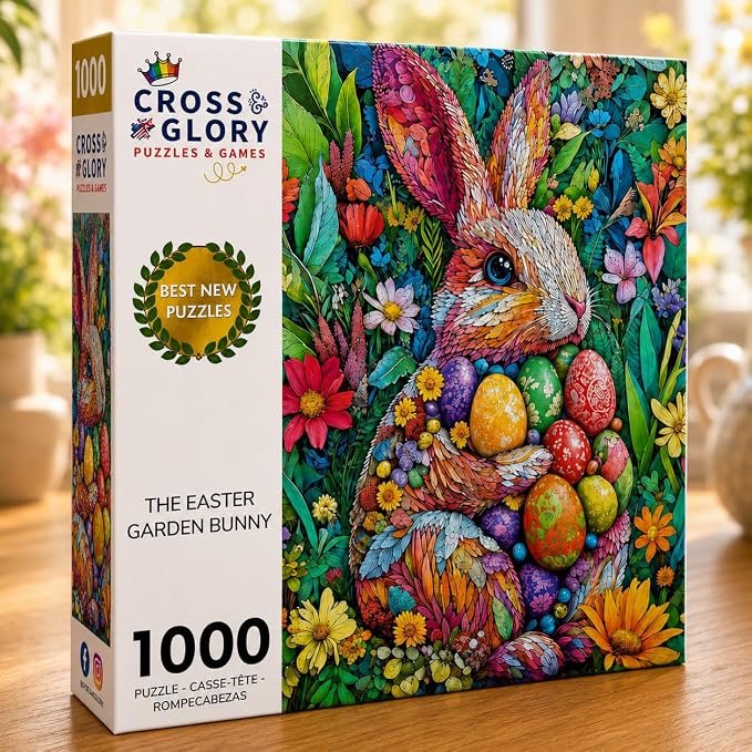 Cross & Glory | 1000 Piece Puzzle for Adults | The Easter Garden Bunny | Egg Rabbit & Botanical Spring Puzzle | Satin Finish | Easter Puzzles for Adults 1000 Pieces Ages 14+