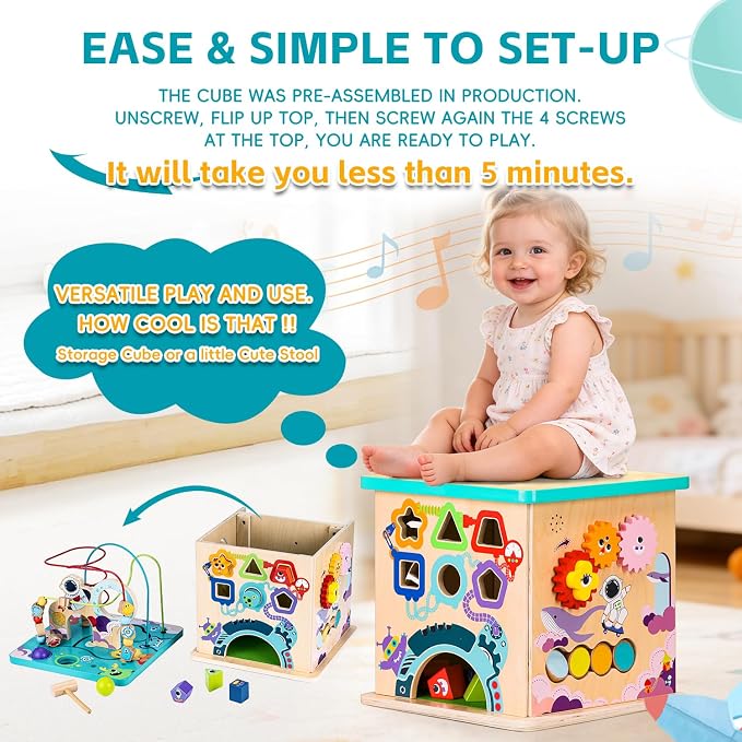 Pre-Assembled 9 in 1 Large Wooden Activity Cube. Educational Learning Toy for Kids with Bead Maze, Shape Sorter and Music Gears and More. for Toddlers 18 M+. Birthday Gifts for Boys and Girls