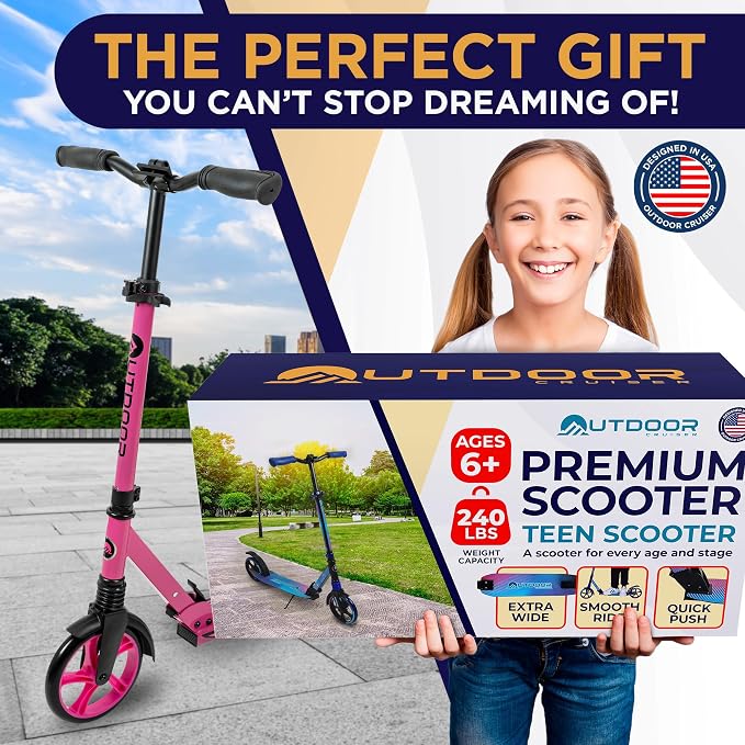 Outdoor Cruiser Kick Scooter for Ages 6+, for Kids, Teens, and Adults, Max Load 250 LBS, Foldable, 8-inch Wheels for Kids and Adults, Dual Suspension, 3 Adjustable Levels, Child Safety Approved, Pink