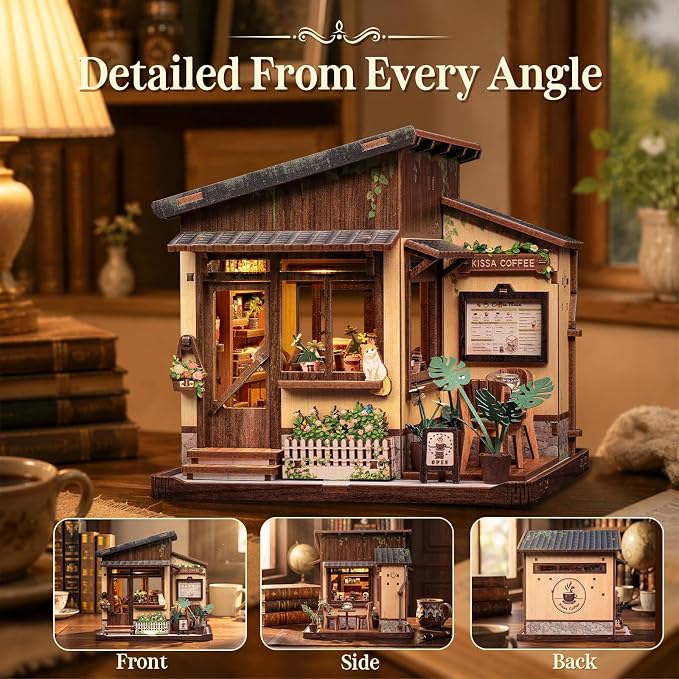 Cutebee DIY Miniature House Kit Japanese Coffee Shop Dollhouse for Adults | 3D Wooden Puzzle Model Building Kit with LED Lights, 262 Pcs Tiny House DIY Craft Home Desk Shelf Decor Gift Kissa Coffee