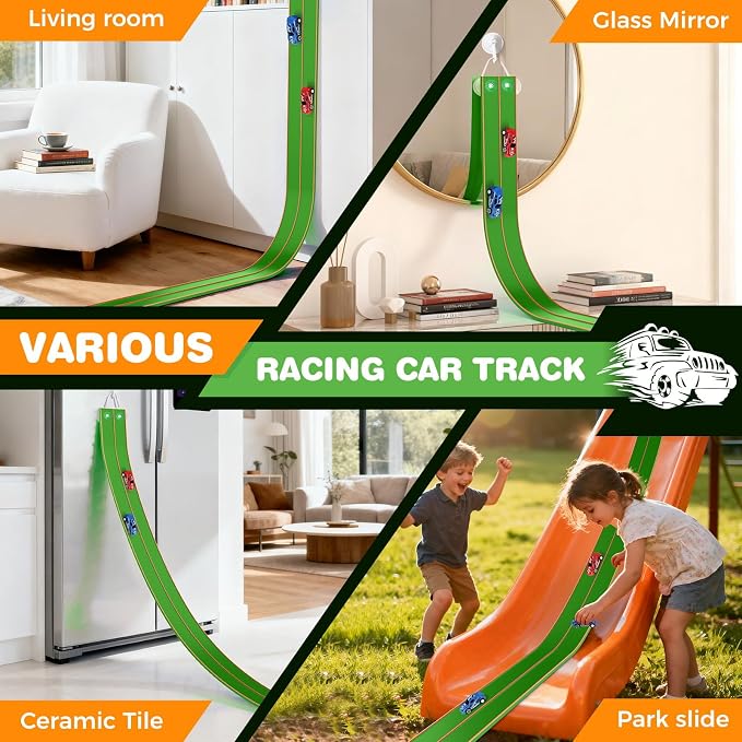 TAEMVV 15 Ft Dual Flexible Race Track for Kids, DIY Ramps Car Track Set Compatible with Hot Wheels 1/64 Diecast Cars, Reinforced Suction Cup for Boys Girls 3+, Green&Orange
