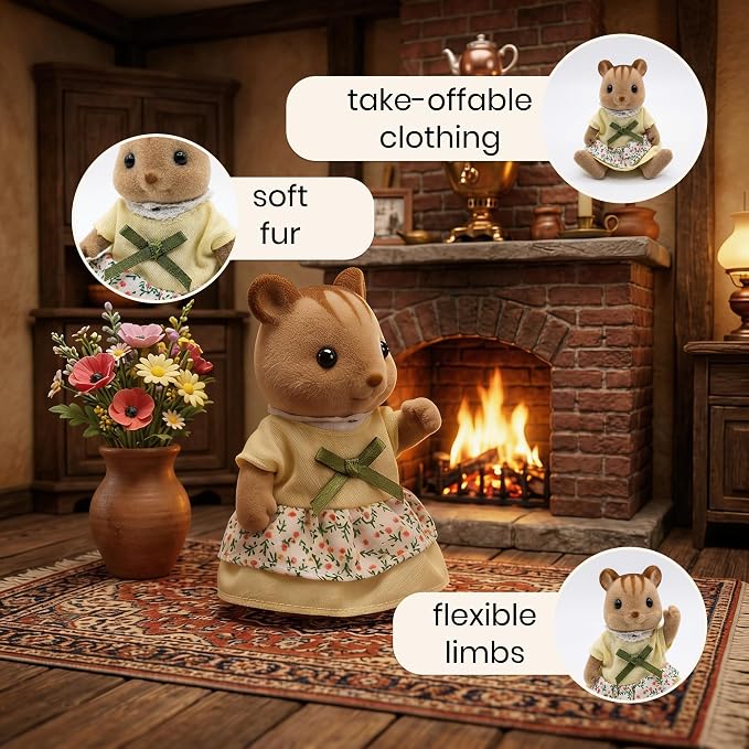 Family Brown Chipmunk Figures — Set of 2 Collectible Flocked Mini Dolls with Removable Clothes, Dollhouse Pretend Play Set for Kids Ages 3+