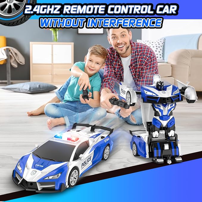 Remote Control Car with One Button Transformation, RC Cars Transforming into Robot, 2.4Ghz 360 Degree Rotation Police Car with Light, 1:18 Scale Transform Toys for Boys Girls Kids 4-7 8-12 6-8