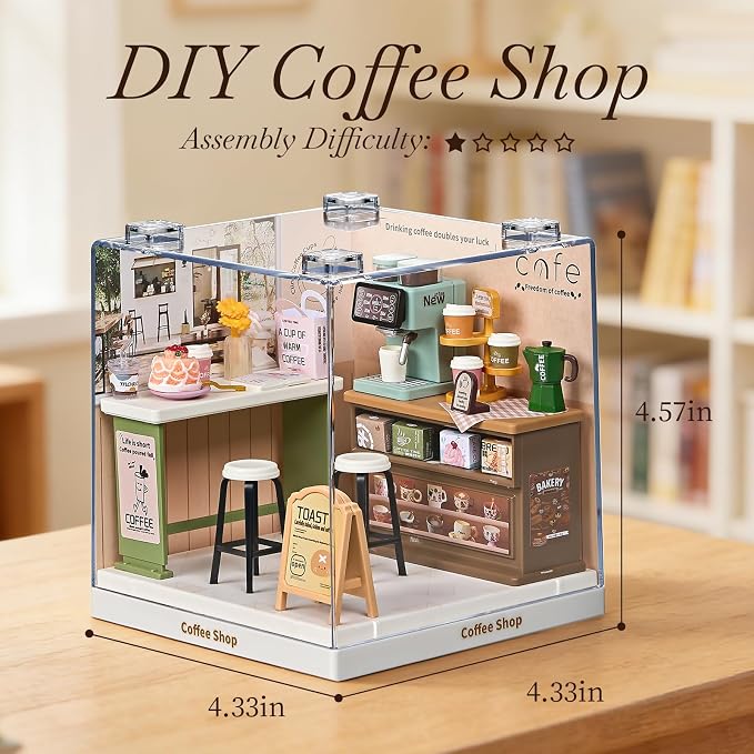 Miniature Coffee Shop DIY Kit with Acrylic Display Case – Collectible Café Dollhouse Room, Tool-Free Mini House Craft for Teens, Adults & Beginners