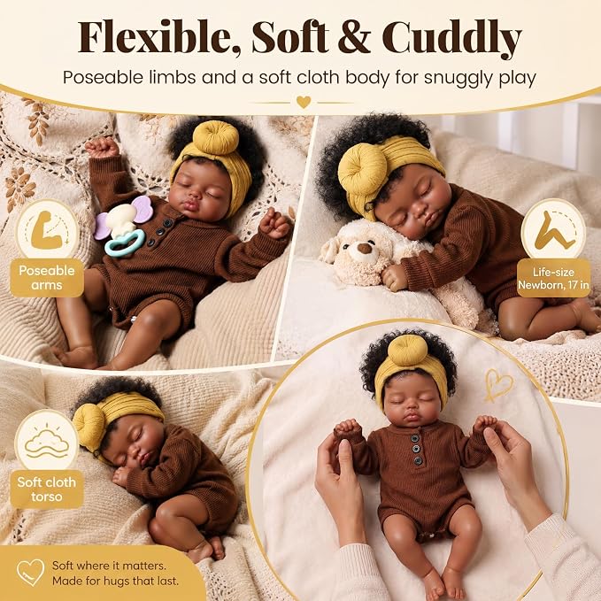 BABESIDE Black Reborn Baby Dolls, 17 Inch Realistic Black Newborn Lifelike Real Life Baby Dolls Soft Vinyl & Cloth Body with Feeding Kit Gift Box for Kids Ages 3+