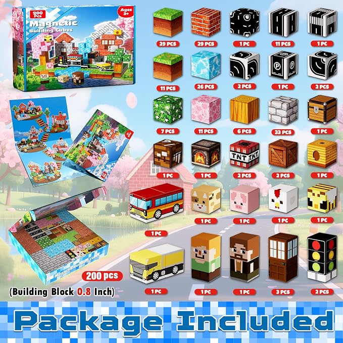 200 PCS Magnetic Blocks - Magnetic Building Blocks Cubes, Magnet Toys for Kids Age 3+, Toy Building Set for Kids, Magnets Stacking Construction Birthday Gifts for Boys Girls Age 4-8, 8-12