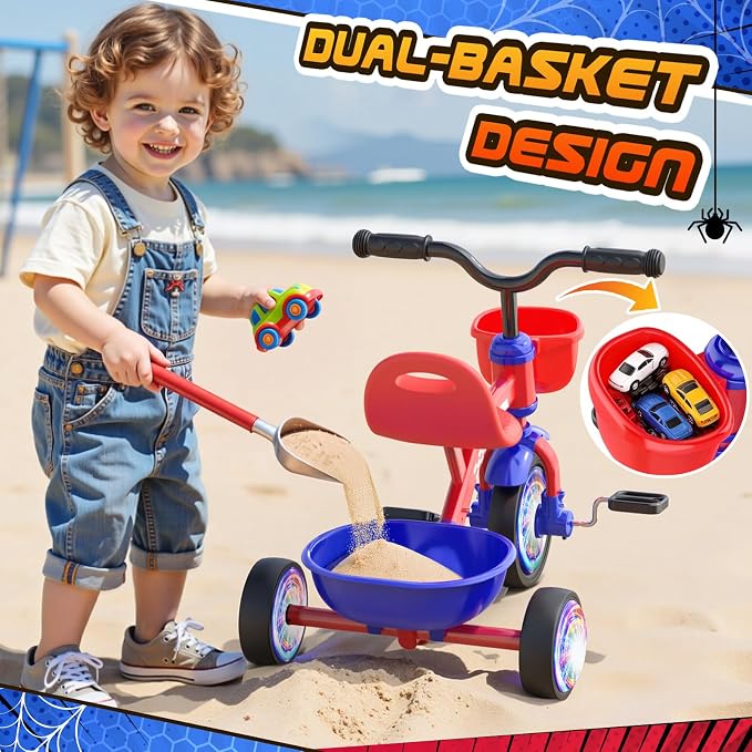 Tricycle for Toddlers 1-3 3-5 Year Olds, Unicorn Toddler Bike Baby Balance Bike with Colorful Lighting Wheels & Large Basket, Birthday Gift and Toy for 1 2 3 4 5 Year Olds Girls Boys-red