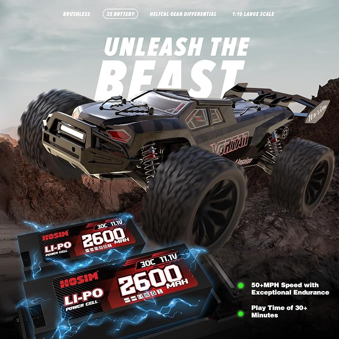 Hosim Mini 1/8 RC Truck for Adults Fast 50+mph, Vortan Electric RTR Brushless RC Cars All Terrain 4WD Off Road Hobby RC Car Waterproof Remote Control Car for Snow/Sand/Beach Toy Gift with 3S Battery