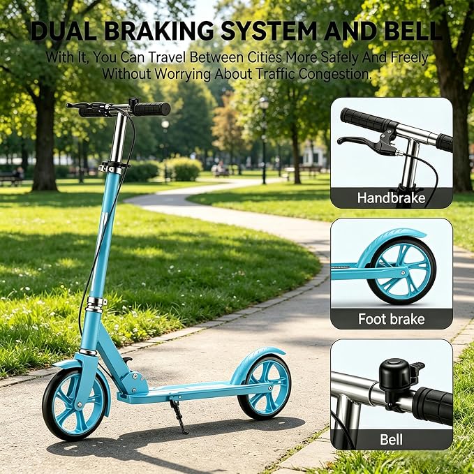 Scooters for Kids 8-12, Teens & Adults - Foldable&Portable Commuter Scooter with 8" Wheels, Bell, Hand Brake & Adjustable Height 30"-40.5", 240 lbs, Manual Push Scooter for Campus & Park