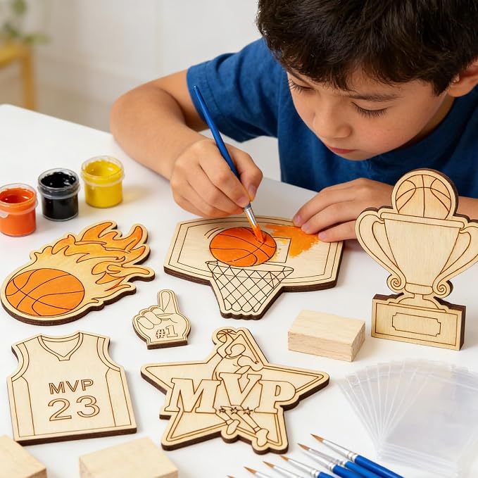 12PCS Basketball Party Favors- DIY Basketball Wood Painting Kits with Art Supplies – Fun Thank You Gifts, Birthday party& Goodie Bag Stuffer